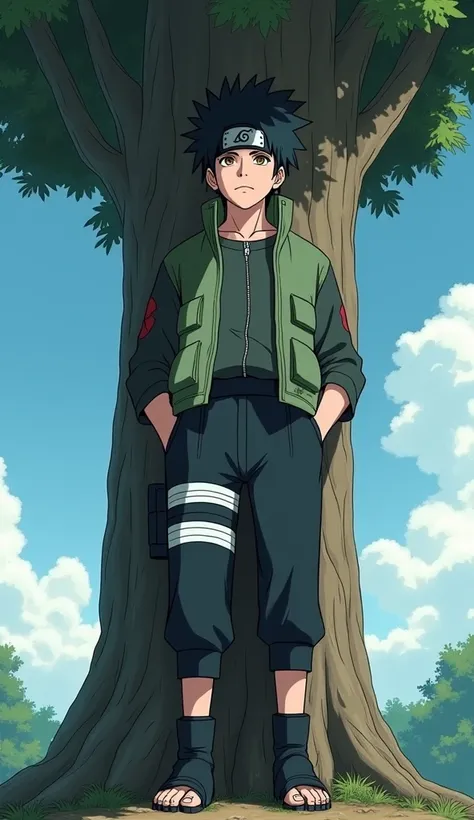 Adult man with charcoal black hair, hair stands up,  short hair,  brown eye ,  on the forehead, a bandage with a hidden leaf village protector, black boots, He stands clutching on a tree and looking up,  hands in pockets. Naruto anime art  