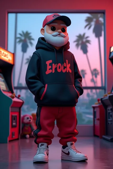 funko pop. weiss. Male. Bald. short full beard.     black hoodie with lettering Erock     .   The hat says     : “Nike     ".      Red sweatpants with black accents    .    white Nike sneaker    .      Funko pop box can be seen     .      Funko Pop is in a...