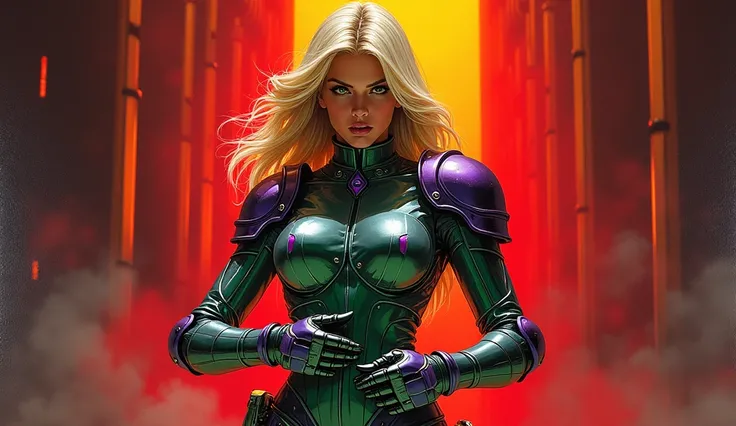 Best Quality, detailed acrylic illustration art, Beautiful space Woman, Angry expression face, blonde straight long hair, looking in side view at Viewer, metallic unfolded green purple chrome metal armor, chrome metal gloves, adjusting a military belt with...