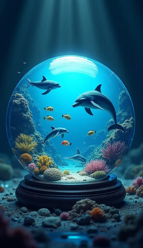 A crystal ball filled with a vibrant underwater world, featuring an aquarium teeming with life. Inside, dolphins, sea turtles, and whales swim gracefully among colorful coral reefs and schools of tropical fish. The crystal ball is surrounded by soft glowin...