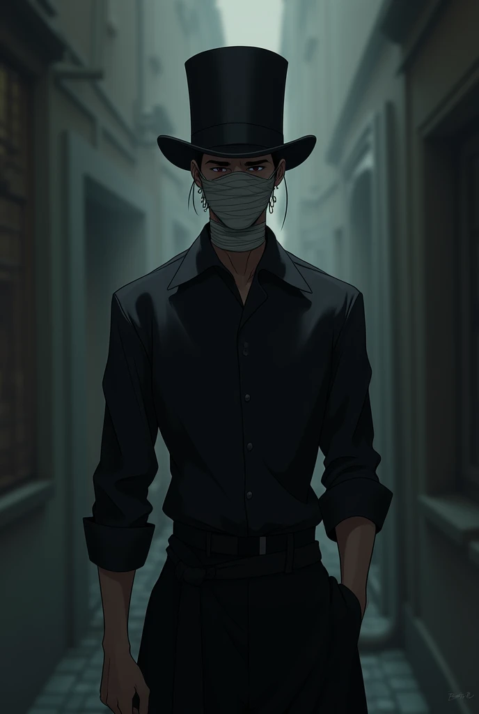 Anime man who wears a tophat and black shirt that ties up then wears black pants and his face is invisible because it is covered by bandages