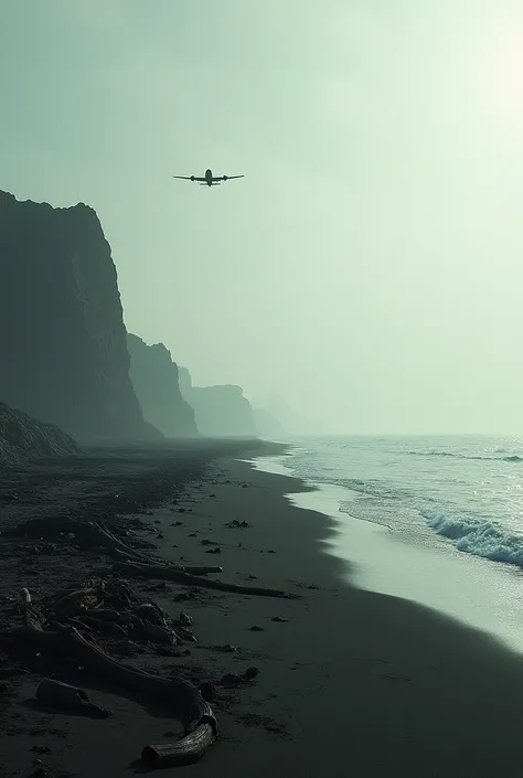 The burned beach of Alhucemas with a plane passing overhead 