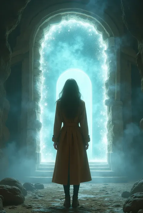 A magical entrance in front of a woman in a brown coat.