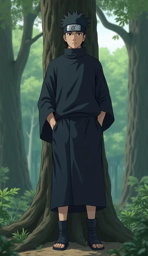 Adult man with charcoal black hair, short hair stands up,  brown eye ,  on the forehead, a bandage with a hidden leaf village protector, black boots, He stands clutching on a tree and looking up,  hands in pockets. Naruto anime art  