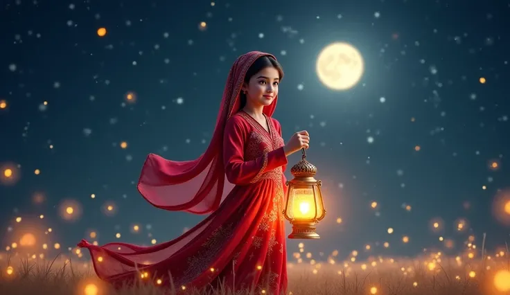 A full-body 3D render of a beautiful Islamic girl standing under a starry night sky, surrounded by softly glowing fireflies. She holds a large, ornate lantern in her hand, emitting a warm golden light. Her stunning red Islamic dress, adorned with intricate...