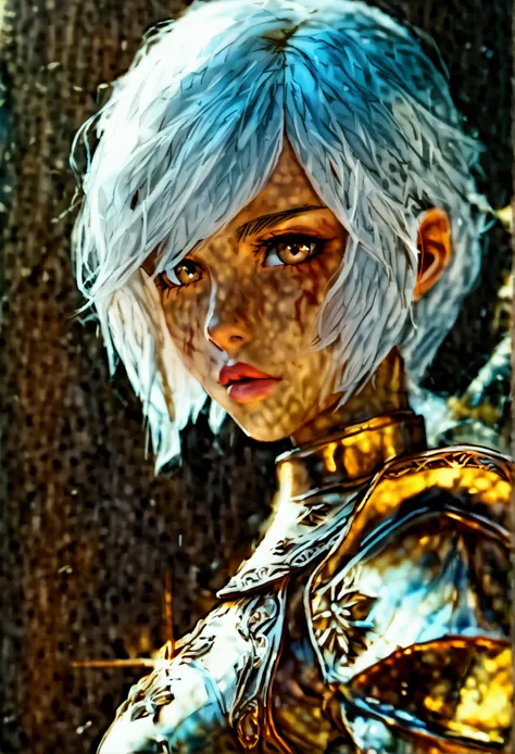 
 An imposing warrior with short silver hair that falls over her shoulders , her light brown eyes,  almost golden and having fair skin almost like porcelain .
 She has very evident muscles and burn marks that run all over her right arm .
 She wears the cos...