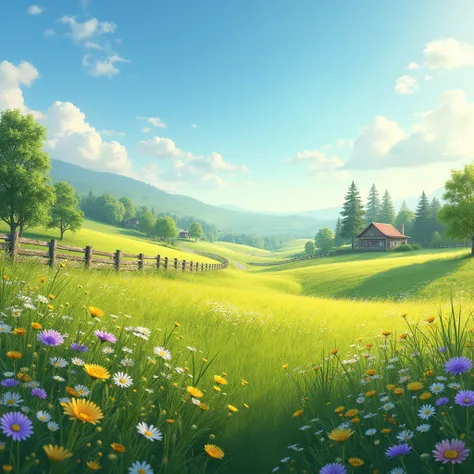 Realistic photo. A stunning summer countryside scene with rolling green meadows bathed in golden sunlight. Wildflowers in shades of yellow, purple, and white bloom abundantly, swaying gently in the warm breeze. A clear blue sky stretches overhead, dotted w...