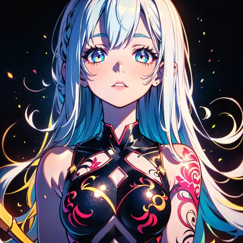 1girl, pretty face、Baby Face、grim Reaper、((( Perfect Anatomy、 Dynamic best composition 、 top quality 、 Highest Masterpieces、 super detailed 、 high definition 、CG,HHD,32K))),NEW STYLE 、 Geometric Neon Color Backgrounds、 Milky White Hair Color 、Black hair or...