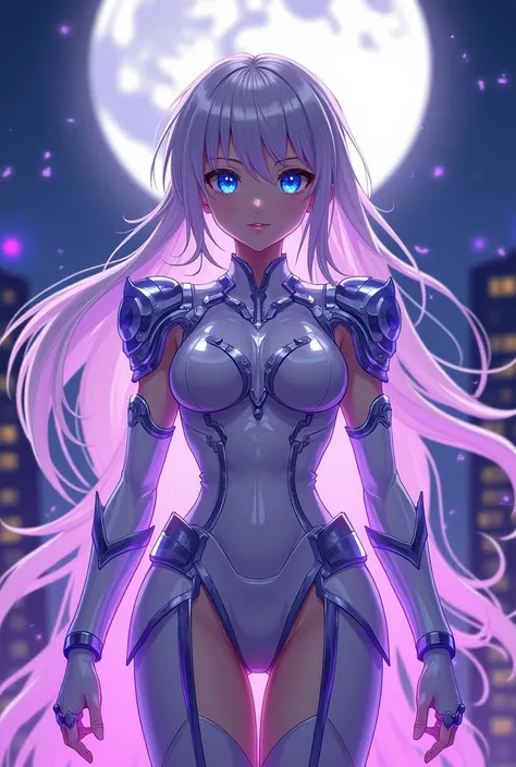 A stunning anime-style female character design of Kamen Rider Moonlight with white armor, silver hair, and blue eyes. She has a radiant purple aura surrounding her, and her appearance resembles Alya-san from Roshidere. The character is unmasked, showcasing...