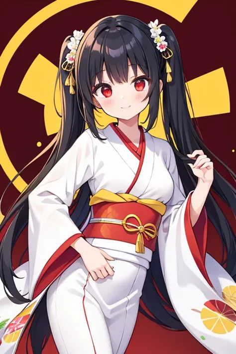  1 beautiful girl　Shows up to the waist　 black hair　 black hair　 long hair 　 twin tails　 red eyes　A cheerful smile　white and yellow clear suit　Long-sleeved kimono　Hairpin