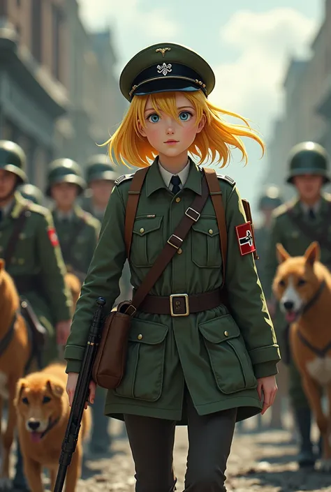 German girl,Soldier,World war ii,yellow hair,steers,, anime style 