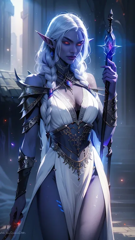 1girl, sexy drow, purple-blue skin, pale silver long elaborate braids, ((red eyes)), jewels, elf ears, earrings, ((white sorceress sexy dress)), ((wields staff)), ((cast light magic)), on a roof of scyscraper, athletic, volumetric lighting, best quality, m...