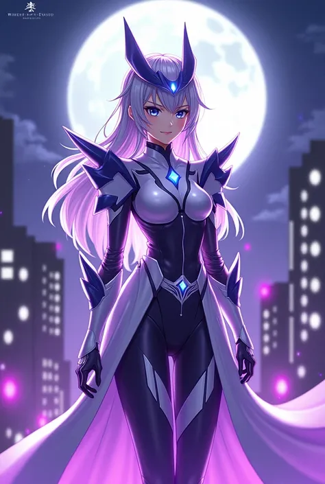 A stunning anime-style female character design of Kamen Rider Moonlight with white armor bat,purple effect,head horn, silver hair, and blue eyes. She has a radiant purple aura surrounding her, and her appearance resembles Alya-san from Roshidere. The chara...