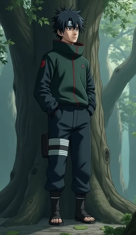 Adult man with charcoal black hair, short hair stands up on the right side,  brown eye ,  on the forehead, a bandage with a hidden leaf village protector, black boots, He stands clutching on a tree and looking up,  hands in pockets. Naruto anime art  