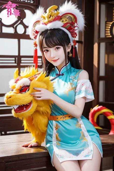  1 girl, masterpiece,  top quality , Make friends with the Chinese dragon, fun,  happy ,  bright , long,