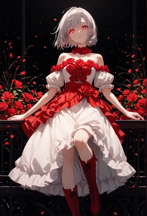 creating an atmosphere of mystery. Her posture showcases confidence and elegance. moe-style artwork,1girl, Alone,silver hair, red glowing eyes, bob cut sharp facial features,,porcelain skin,breasts,1girl, solo,flower layerd dress,long boots,