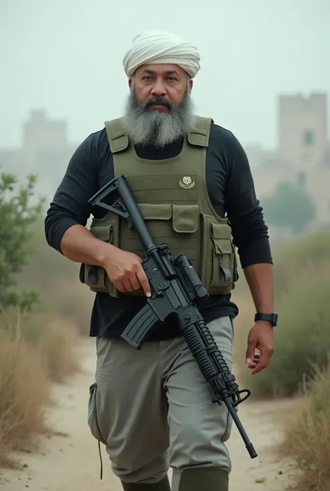 Indonesian man, 45 years old, slightly overweight,The Muslim kufiah is white,Army green bulletproof vest,Black 3/4 long sleeve casual t-shirt,M16 Weapon,Gray 3/4 pants, zoom camera,Front look,Walk,Typical Palestinian backdrop of bushes and war ruins zone,T...