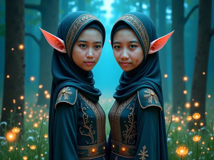  The picture depicts two same-faced women wearing hijabs and elaborate but elegant elf-typical clothes .  They stand side by side in front of a beautiful forest background with trees big trees and fireflies that glow around the grass.  Between them ,  ther...