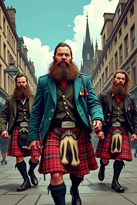 Create an epic illustration about Scottish people in Edhinburg dressing kilt on the street like comic book 