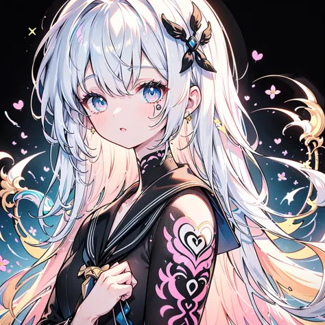 1girl, pretty face、Baby Face、grim Reaper、((( Perfect Anatomy、 Dynamic best composition 、 top quality 、 Highest Masterpieces、 super detailed 、 high definition 、CG,HHD,32K))),NEW STYLE 、 Geometric Neon Color Backgrounds、 Milky White Hair Color 、Black hair or...