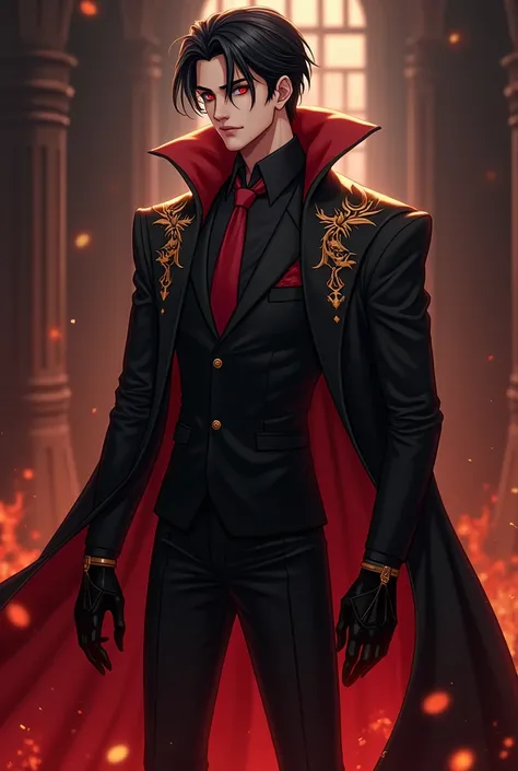 "A humanized version of Asmodeus depicted as an anime-style character. He is tall and imposing with a lean, muscular build and a regal, commanding presence. His angular face features sharp cheekbones, a strong jawline, and captivating eyes with irises that...