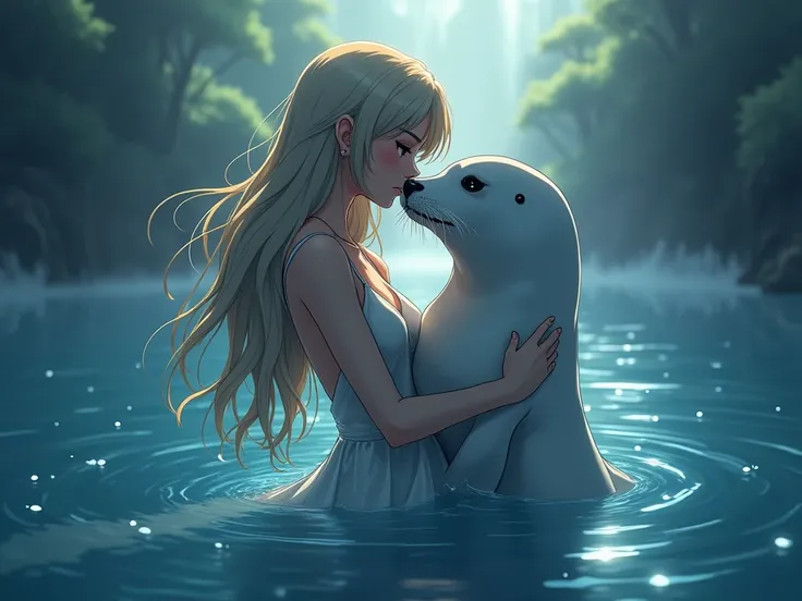 "A woman emerging from water, with a seal climbing up beside her to embrace her, symbolizing harmony and connection. The woman has long, flowing hair, wearing a simple, elegant dress that drapes gently around her body, creating a sense of ethereal beauty. ...