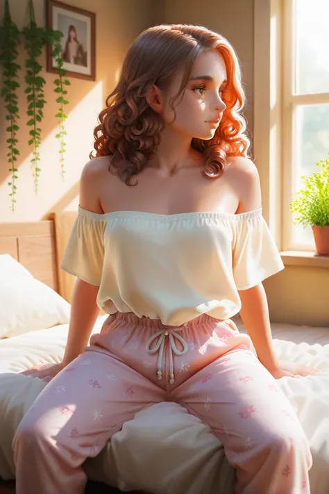 (photorealism:1.2), beautiful woman, sitting on bed, wearing loose off-shoulder top, pajama pants, long curly hair, indoors, soft lighting, plants in background, window with sunlight, cozy room, relaxed pose, realistic, intricate details, warm colors, by G...