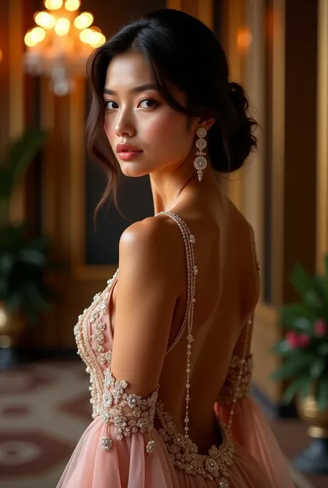 A captivating young woman wearing an elegant backless evening dress, the fabric shimmering under soft, warm lighting. The dress flows gracefully down to the floor, with intricate details like lace or sequins. Her pose is confident and graceful, with her ha...