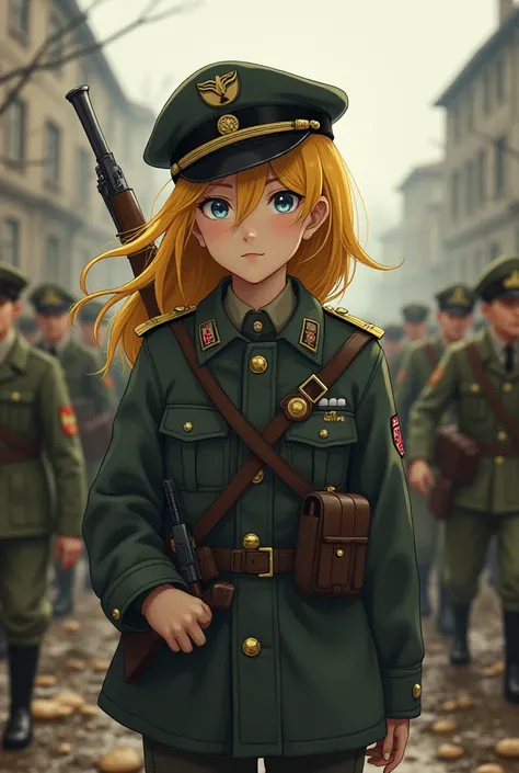 German girl,Soldier,World war ii,yellow hair,steers,, anime style 
