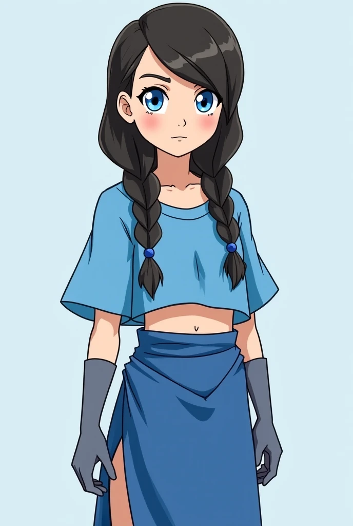 a white girl,  with long dark brown hair , blue eyes and braids ,  a blue top with loose sleeves and gray gloves ,  a blue skirt that is also smooth and long with an opening in the leg ( She is from the Southern Water tribe ,  in the cartoon style of the a...