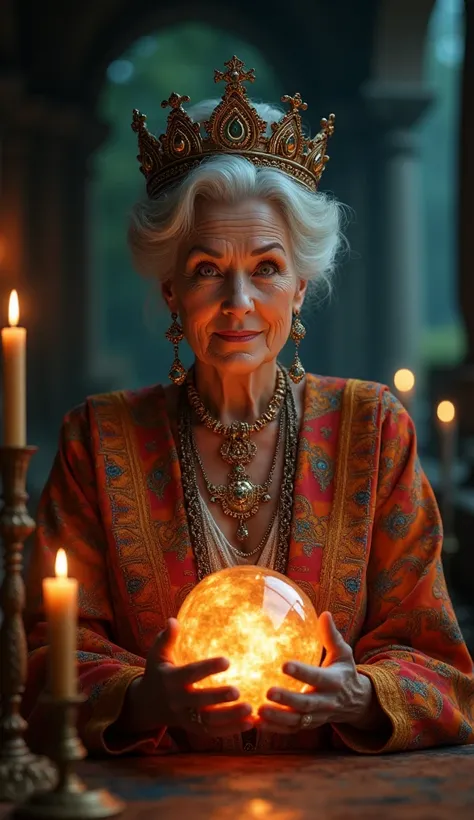 A captivating cinematic portrait of a wise, elderly woman dressed in a stunning, vibrant robe adorned with intricate jewelry and a majestic big crown. Her eyes sparkle with intelligence and warmth, as she gazes intently at the camera, inviting the viewer i...