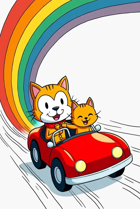 Background: A colorful rainbow tunnel stretching into the distance. Sairam is sitting in a bright red car, with the orange cat in the passenger seat.  Motion lines showing speed (Zoom Zoom!) and excited faces on Sairam and the cat. Draw bold outlines for t...