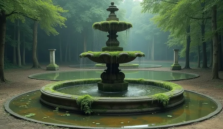 A decrepit, moss-covered fountain surrounded by stagnant, shallow ponds, the sordid setting is transformed into a scene of quiet beauty. In the center, the fountains stone sculptures are weathered and worn, yet there is a sense of ancient majesty still lin...