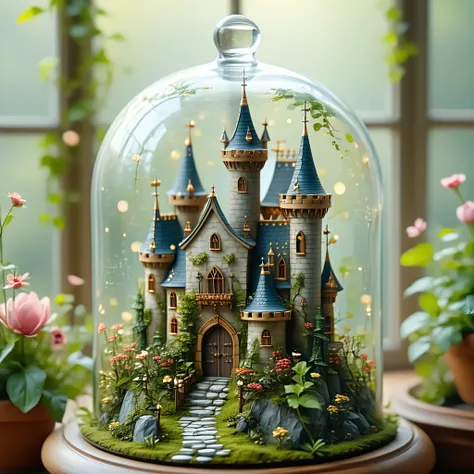 masterpiece, best quality, extremely detailed, absurdres, very aesthetic, cinematic lighting, small castle in a glass dome, fantasy, bokeh background