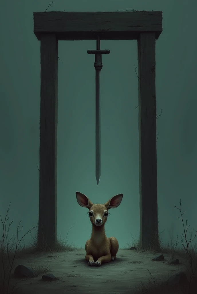 A little deer sits sadly under a guillotine that hurts