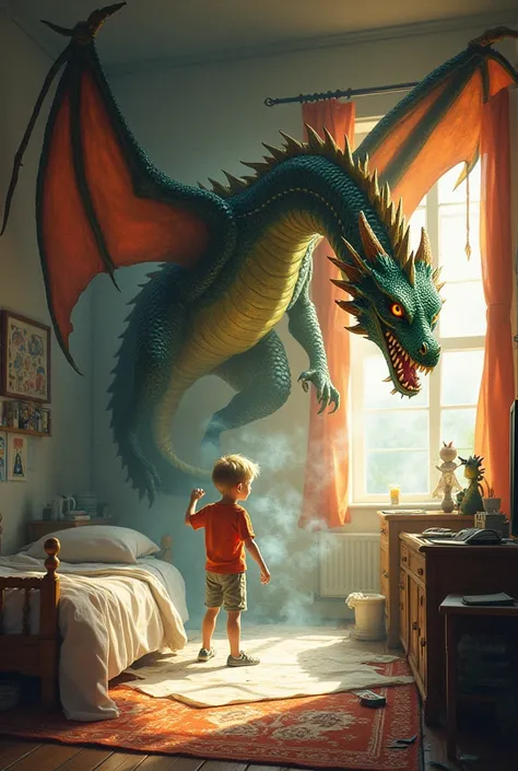  A dragon coming out of the drawing on paper, In Arthurs room  