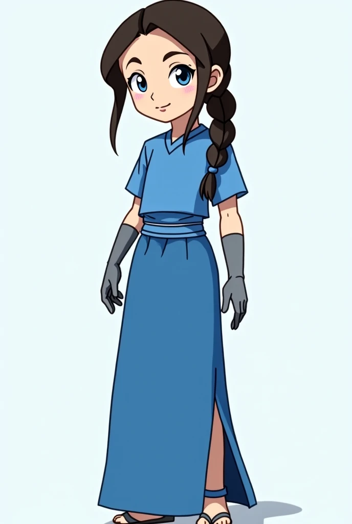 a white girl,  with long dark brown hair , blue eyes and braids ,  a blue top with loose sleeves and gray gloves ,  a blue skirt that is also smooth and long with an opening in the leg, It has accessories also typical of a  ( She is from the Southern Water...