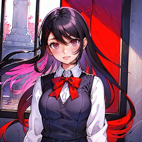 (perfect eyes, masterpiece, best quality:1.2), 1girl, solo, red eyes, black hair, long hair, school uniform, Sweater vest,  gray outer, collared shirt, short skirt, neck red ribbon, hair pin,

