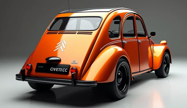 create an ultra-detailed 3D render, of a modern 1970 Citroen 2CV carprice with a bold design looking long  captured from  straight back view. The car should feature a metallic orange color with a Citroen 2CV logo on its back, a large white detailed grille ...