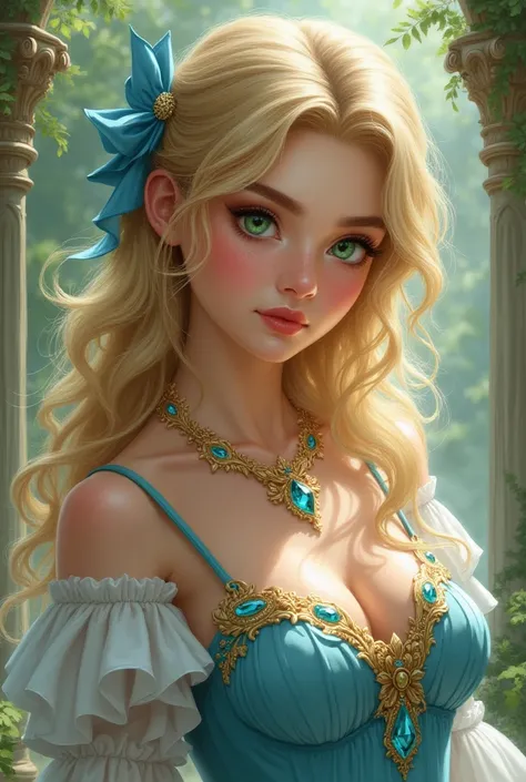 Green eyes Blondie girl wearing blue and gold dress and aquamarine necklace tie her hair with blue bow 