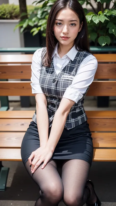 Ulchan-6500-v1.1, (RAW photo:1.2), (Photoreal), (genuine:1.4), １girl、perfect anatomy、48 years old、look at the camera、medium long hair、plaid vest、((sitting on the bench:1.3))、(super realistic pantyhose:1.2), (high heels)、(Business service)、