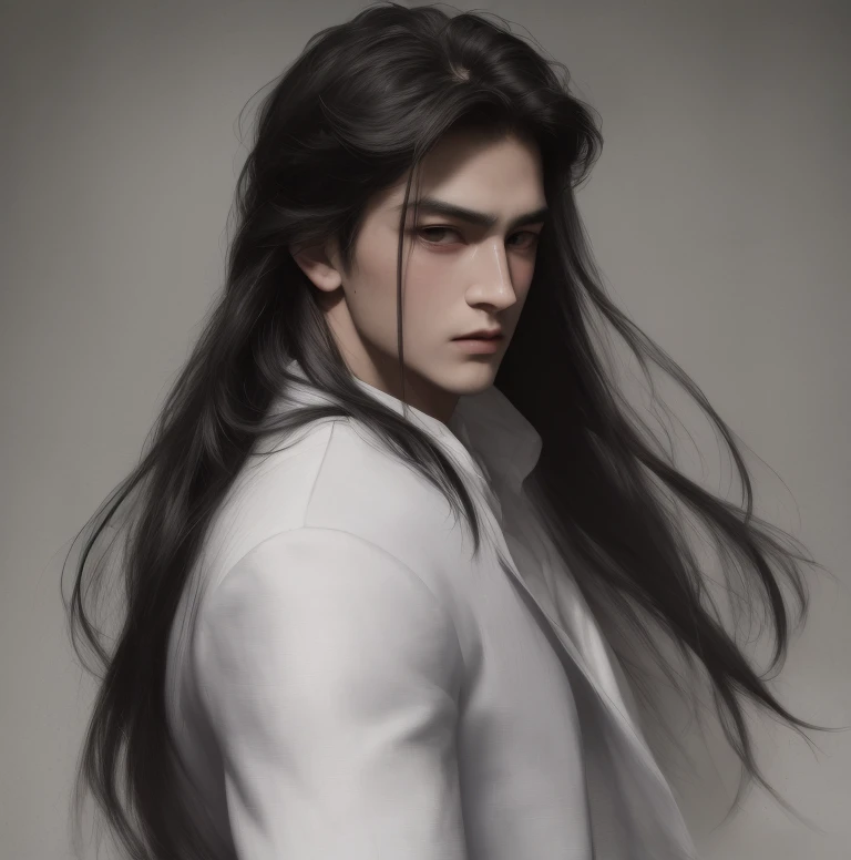 masterpiece, best quality, highres, Man with long black hair,young,Handsome face,(Lateral face) ,solo,sad,