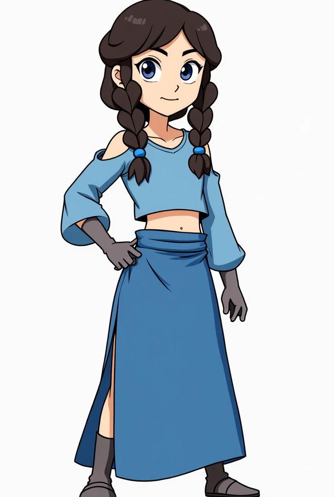 a white girl,  with long dark brown hair , blue eyes and braids ,  a blue top with loose sleeves and gray gloves ,  a blue skirt that is also smooth and long with an opening in the leg, It has accessories also typical of a  ( She is from the Southern Water...