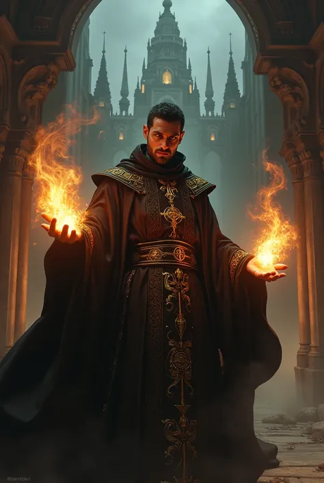 A devious priest , who seduces people in front of a temple ,  by conjuring powerful fire from heaven.