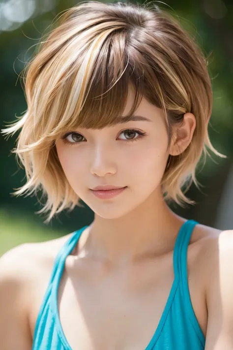 Ultra-short pixie cut, Wavy Hair, twisted bangs, blonde hair streaked hair, Great Joy, face up, resort