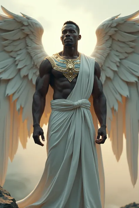 Black male angel, with white tunic and breastplate, wings hiding the eyes and bow 