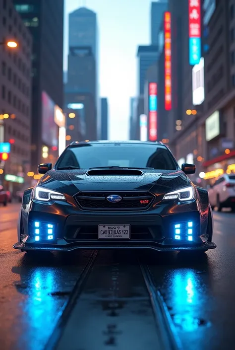  Create an image with this same Subaru Impreza that says Carzillas 123 on the license plate.
The car will have blue lights under ,  simple white tires and that it is in an urban center.