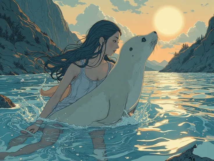 ((line-art Anime, manga aesthetic, highly detailed, vibrant colors, dynamic lighting, soft shading, 8k resolution, masterpiece))"A woman emerging from water, with a seal climbing up beside her to embrace her, symbolizing harmony and connection. The woman h...