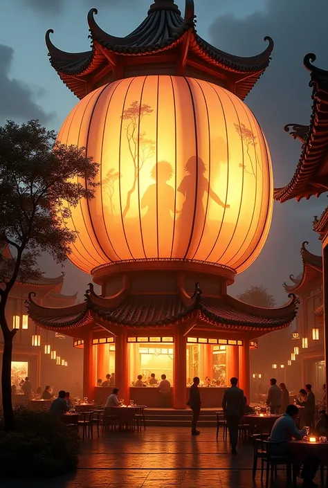 Restaurant dont le Batiment à une forme de Lampion Géant lumineux style asiatique,  on voit les ombres des personnes qui mangent à linterieur projet"s sur les murs en toile du batiment