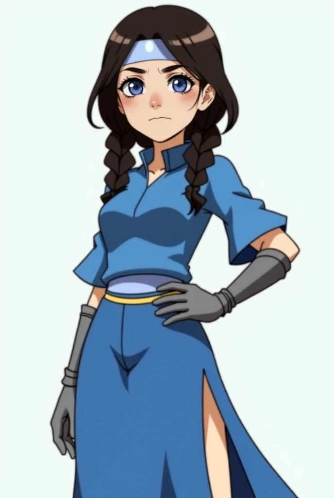 a white girl,  with long dark brown hair , blue eyes and braids ,  a blue top with loose sleeves and gray gloves ,  a blue skirt that is also smooth and long with an opening in the leg, It has accessories also typical of a  ( She is from the Southern Water...